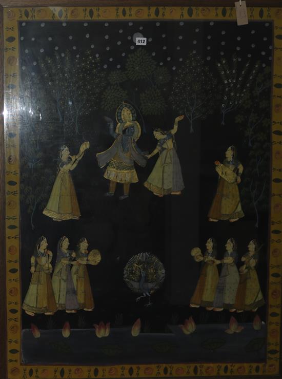 Indian School, gouache on on fabric depicting Krishna and attendants in a garden, 114 x 86cm